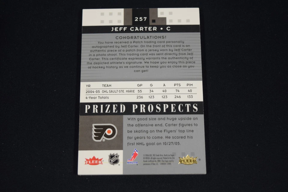 Jeff Carter 2005-06 Hot Prospects Prized Prospects Rookie Patch Autograph /199 - Image 2 of 2
