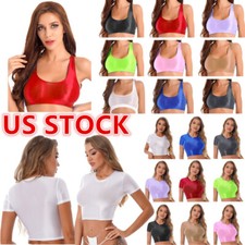 US Women Glossy Short Sleeve T-shirt Tights Sports Smooth Top Yoga Workout Tops