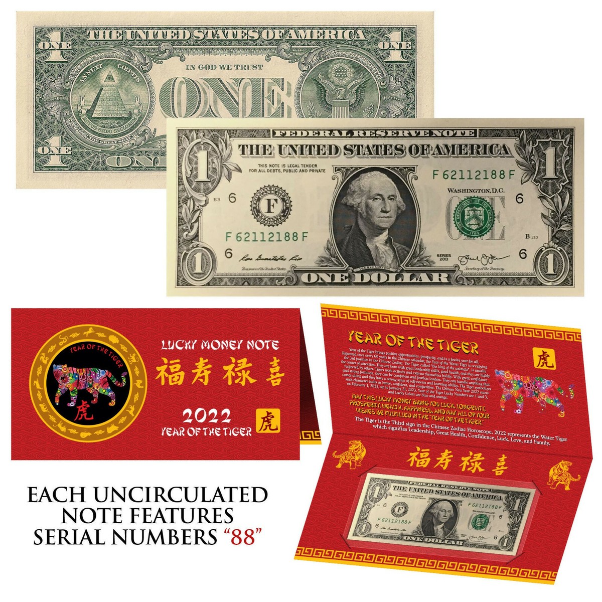 2022 CNY Chinese YEAR of the TIGER Lucky Money US $1 Bill w/ Red