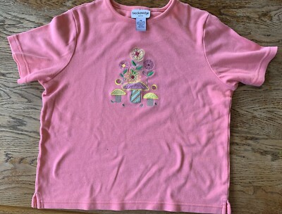 Vintage Breckenridge PM Mushroom Floral Salmon Pink T-Shirt Embroidered ***
