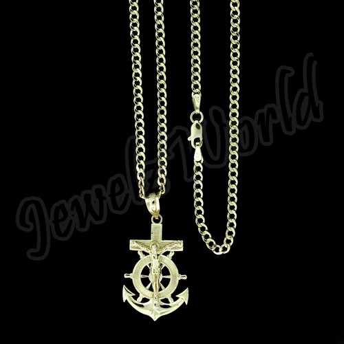 Mens 10K Gold Jesus Anchor Cross Charm 