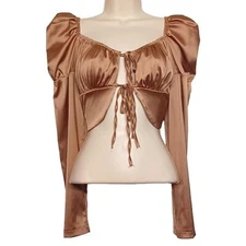 MISSGUIDED Brown Satin Like Long Sleeve Front Tie Ruching Crop Top 6 (Small)