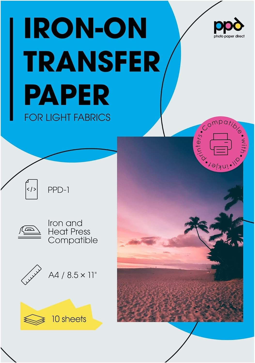 PPD Iron on Transfer Paper for Inkjet Printer for Light Fabric, A4, 8.5 X 11 Pri