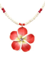 Coconut Shell Necklace Fimo Plumeria Flower -16", Hawaiian Jewelry, Red Yellow