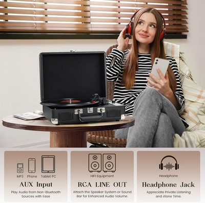 Hododou Portable Vinyl Turntable Bluetooth 3-Speed Belt-Drive w/ Speakers USB