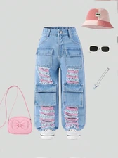 Vaqueros Pantalon Azul de Mezclilla para Niña rectos de varios bolsillos