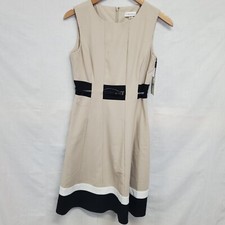 Calvin Klein Size 2 Color Block Belt Fit and Flare Dress Tan Sleeveless Womens