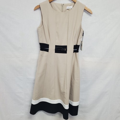 Calvin Klein Size 2 Color Block Belt Fit and Flare Dress Tan Sleeveless Womens - Foto 1 di 3