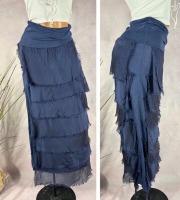 NEU Maxi Rock BODENLANG ausgefallen SEIDE Italy StufenRock Fransen MARI 36 38 40
