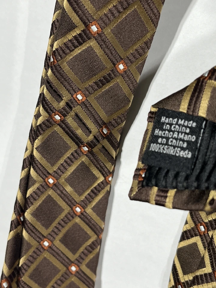 Corbata de seda pura hecha a mano con patrón de caja de bronce platino Kenneth Roberts para hombre NUEVA Foto 3 de 4