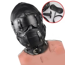 Bondage PU Leather Headgear Head Hood Harness with Plug Open Mouth Gag BDSM Game