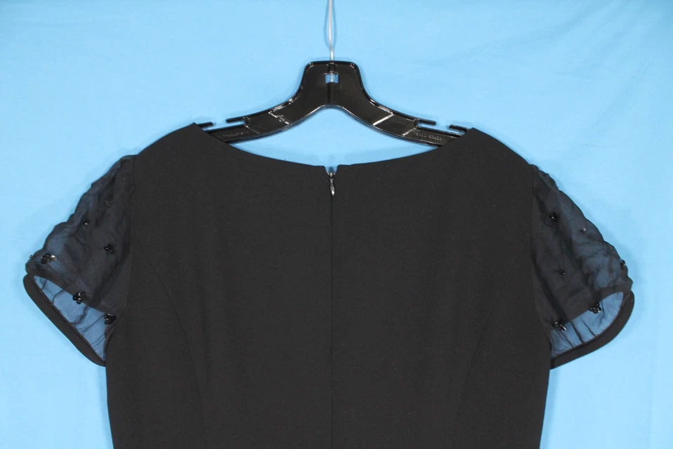 VESTIDO VAINA TAHARI Negro CREPE Transparente SEDA Y LENTEJUELAS MANGA GORRA Cremallera Espalda Talla 10 Foto 4 de 4