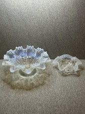 Antique Dugan Northwood Blue Clear Opalescent Ruffled Bowl Set / Candy Dish 1905