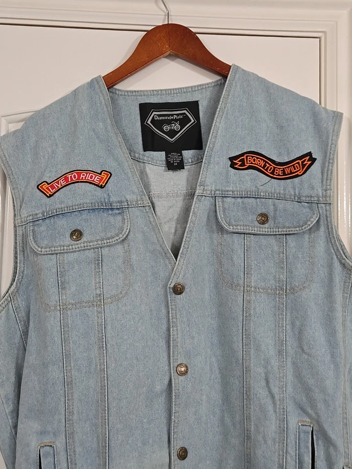 Vintage Diamond Plate Denim Biker Vest Men's Size 2X Eagle Patches USA Flag XXL - Image 4 of 4