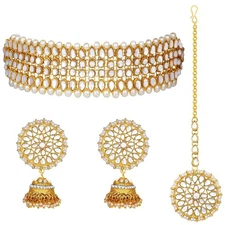 Indian Bridal White Kundan Choker Necklace Set with Tikka | Bridal Jewelry