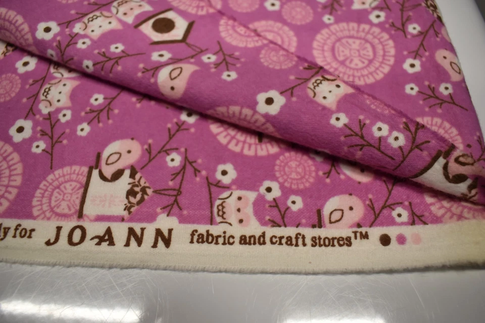 JOANN Cotton Flannel  2.8 yards x 43" BIRDS OWLS FLORAL bird house PINK BROWN - Image 4 of 4