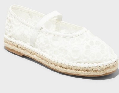 New Womens Celia Floral Lace Mary Jane Espadrille Flat White shoes