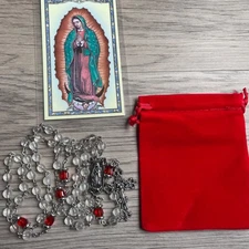 Our Lady Guadalupe Square Glass Bead Rosary w/ Card Rosario Virgen de Guadalupe