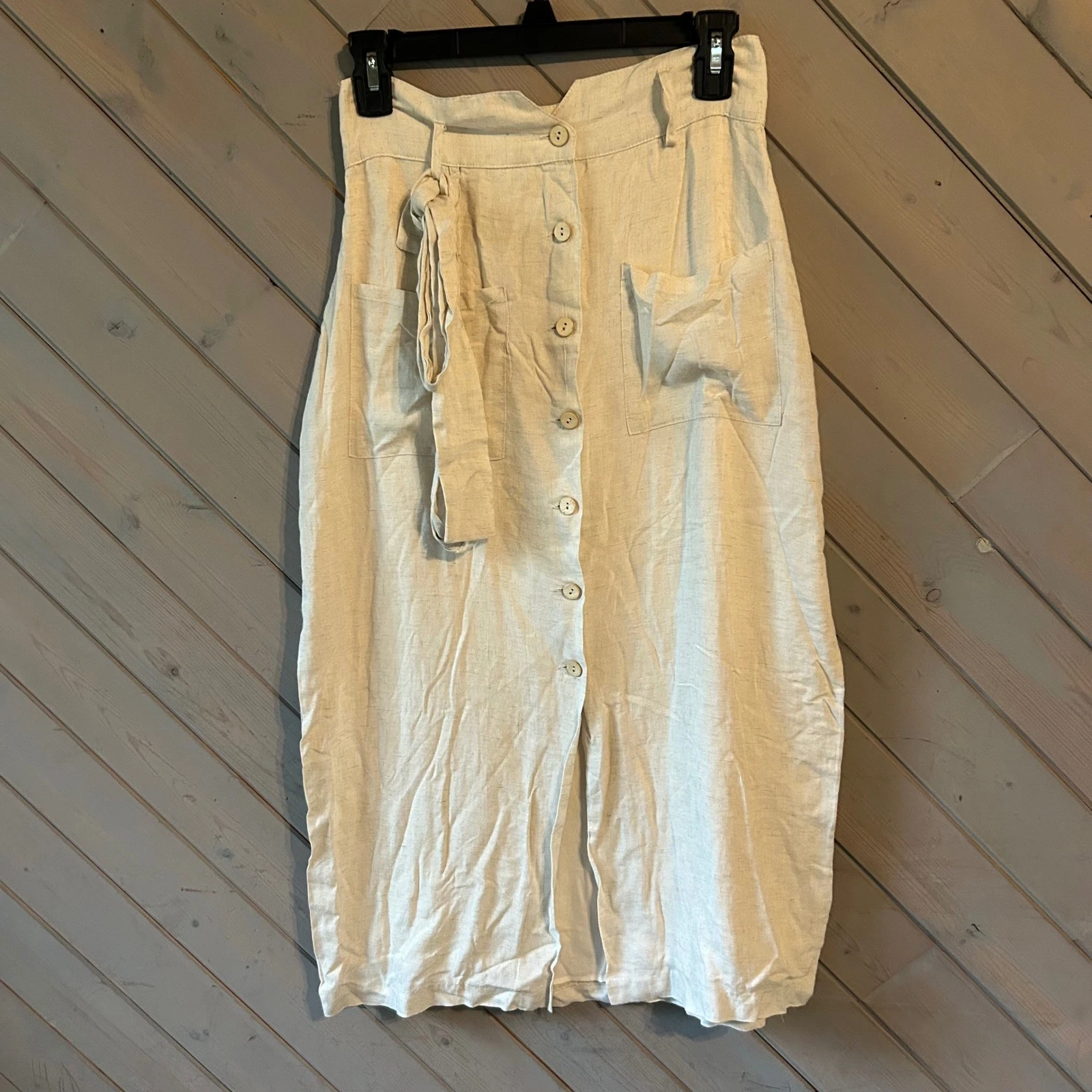 Illa Illa Cream Linen Blend Button Front Midi Skirt with Tie Waist Small IM4579