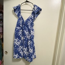 American Eagle Womens M Medium 36” Smocked Floral Mini Tank Dress Blue White
