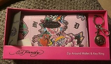 New With Tags Ed Hardy Zip Around Wallet With Skull Key Ring