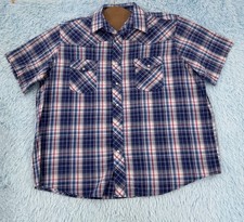 Vintage Wrangler Men's 2XL Pearl Snap Shirt Blue Red White Plaid Western Short