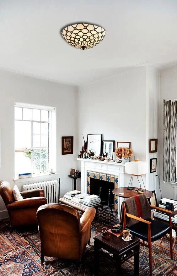 Luminária de teto 3 luzes semi nivelada arte bronze antiga sombra de vidro colorido - Imagem 2 de 4