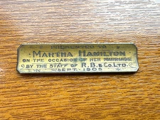 Antique Brass Presentation Plaque ‘Presented to Martha Hamilton’ – Dated 1905