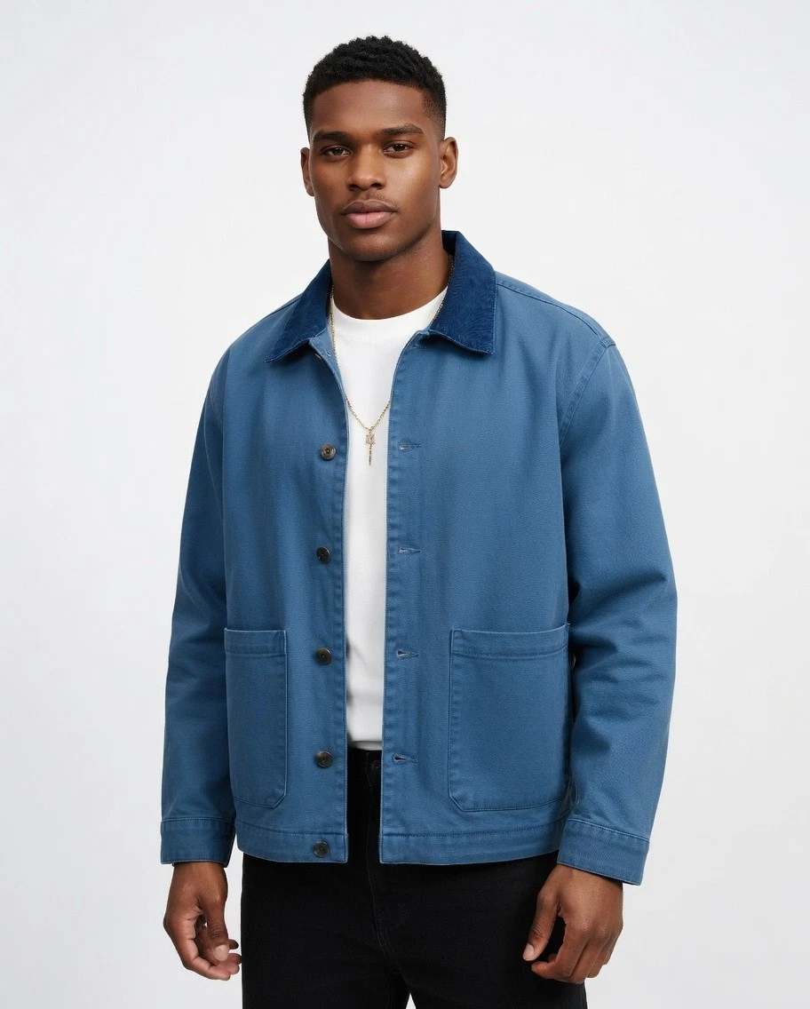 Men's-Jacket-NovaMEN-Chore-100% Cotton-Twill-Cord Collar-Button Front-Sz Large image 8