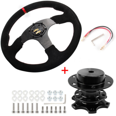 14'' Racing Suede Leather Steering Wheel With Horn Button & Quick Release Kit
