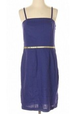 Ann Taylor LOFT Gold Waist Blue Spaghetti Strap Sheath Linen Dress Size 4 NWT!
