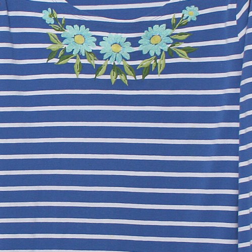 Talbots Blue Striped Floral Embroidered Boat Neck 3/4 Sleeve Cotton Top 2x - Picture 4 of 8