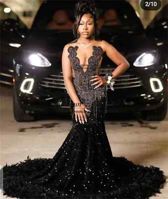 Luxury Beaded Crystals Mermaid Prom Dress Sleeveless Black Girls Robe Party Gown