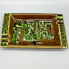 Ashtray, Cigar-Size Slots Raised Colonial Scene Dark Green & Brown Ceramic Japan