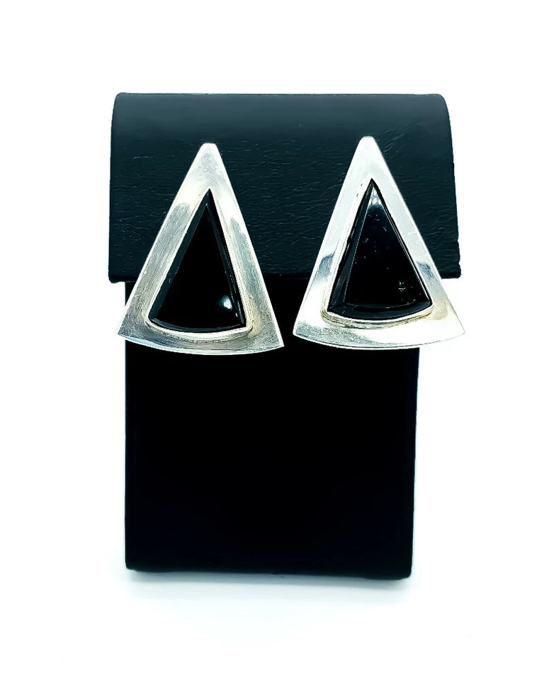 Vintage Medio Secolo Moderni Taxco Argento Sterling Onice Nera Triangolo - Immagine 2 di 4