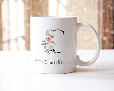 Personalisierte Tasse Tee Kaffeetasse Blumen Initialen Aquarell Monogramm Hochzeit Geschenk