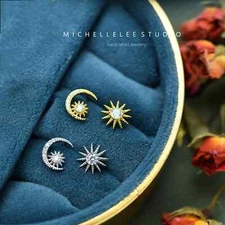 Mismatch Moon and Star Stud Earrings, Sterling Silver Crescent Moon and Star