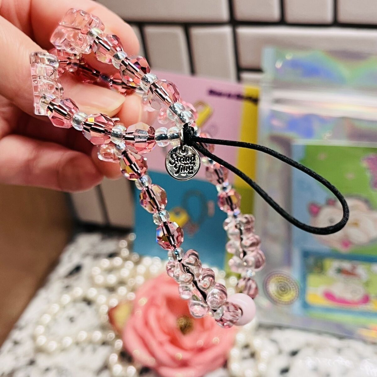 String Ting London Bear-y Rose Drip Crystal Wristlet Phone String Ting London Bear-y Rose Drip Crystal Wristlet Phone