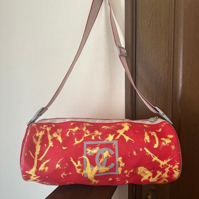 CHANEL Sport Line Duffle Bag Logo Print Nylon Shoulder Travel Red