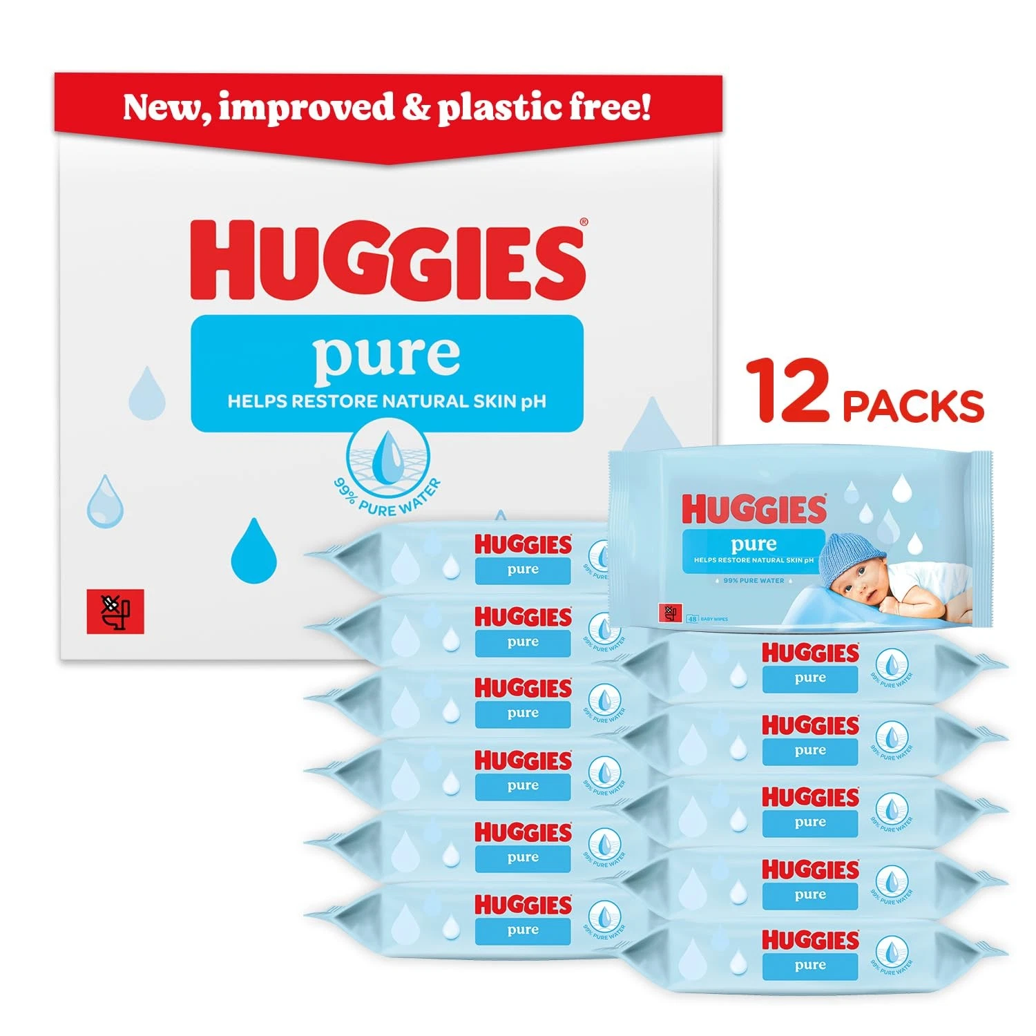 Huggies Pure Plastic Free Baby Wipes - Pack of 12 (576 Wipes) – 99% Water Wet
