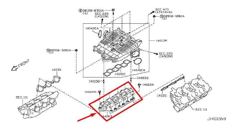 Infiniti QX50 2014-2017 3,7 L AWD motor colector de admisión inferior 14003-EY01A OEM Foto 2 de 4