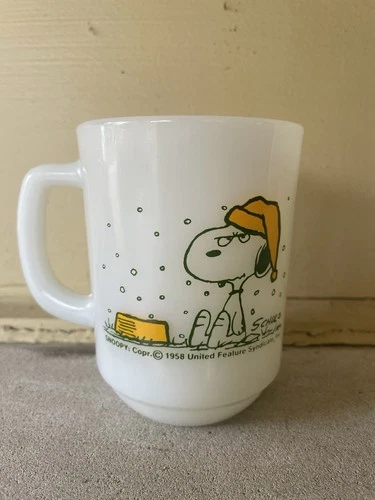 Vintage SNOOPY Snows On French Toast MUG  Anchor Hocking FIRE KING Milk Glass