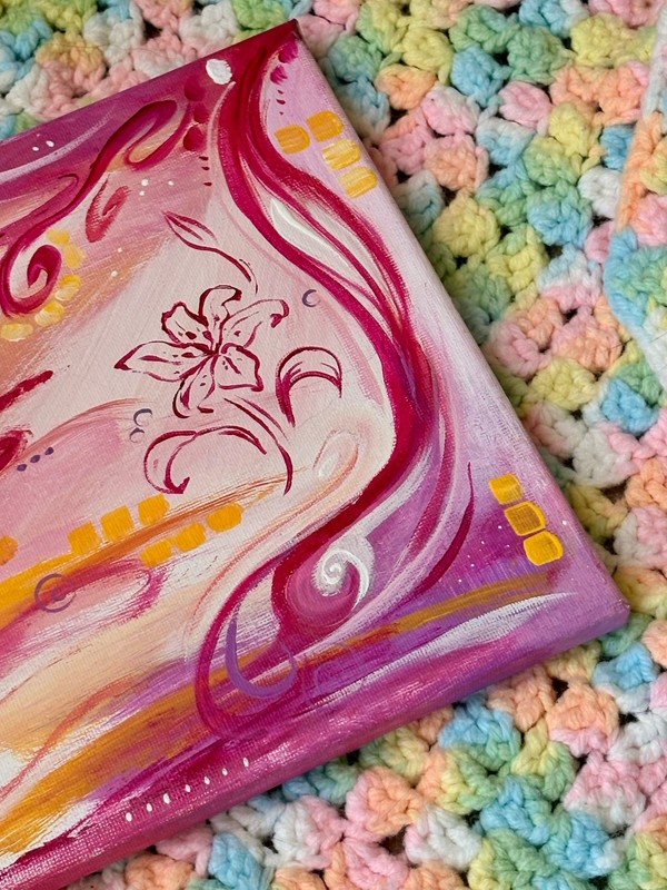Abstract Lily, Original Painting on Canvas, Pink Purple Yellow, Unframed