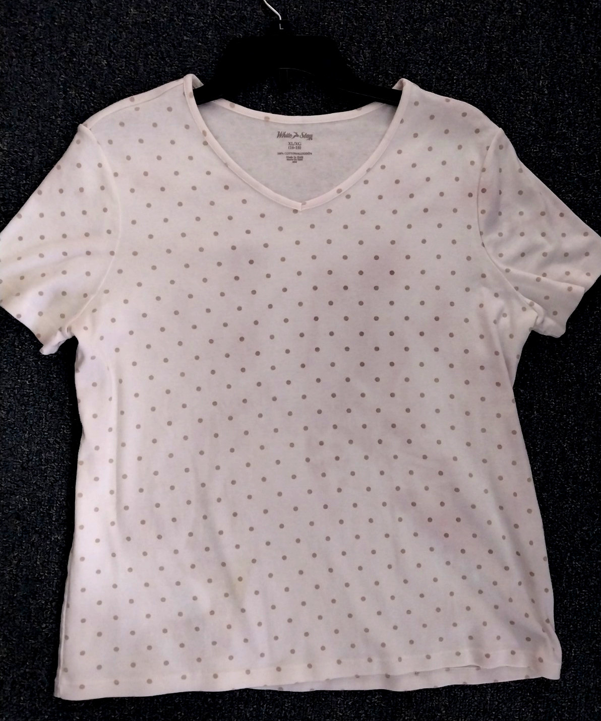 WHITE STAG Women's XL 16-18 short sleeve v-neck cotton tee White w/Tan polka dot