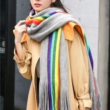 Women Lady Cute Rainbow Scarf Stripe Shawl Wrap Winter Fringe Thick Preppy Warm