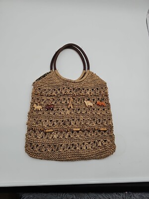 CAPPELLI Straw World Purse Macrame Woven Wood Animals Leather Handles Lined 