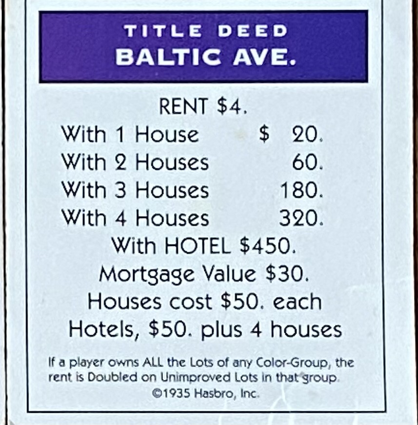 Monopoly Title Deed Cards Mediterranean Baltic Atlantic Pacific Avenue