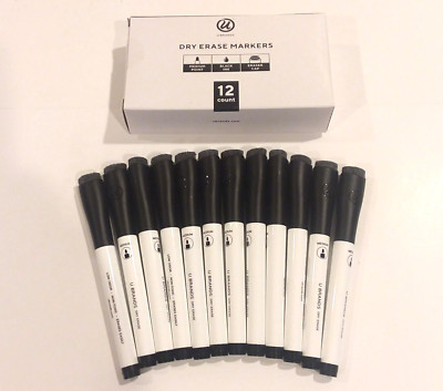 U Brands BLACK Dry-Erase Markers w Eraser Cap 2922U Medium Point Low-Odor 12 ct