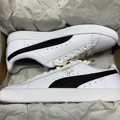 NWB Puma CLYDE Black/White/Gold Leather Lace Up Low Top Sneakers