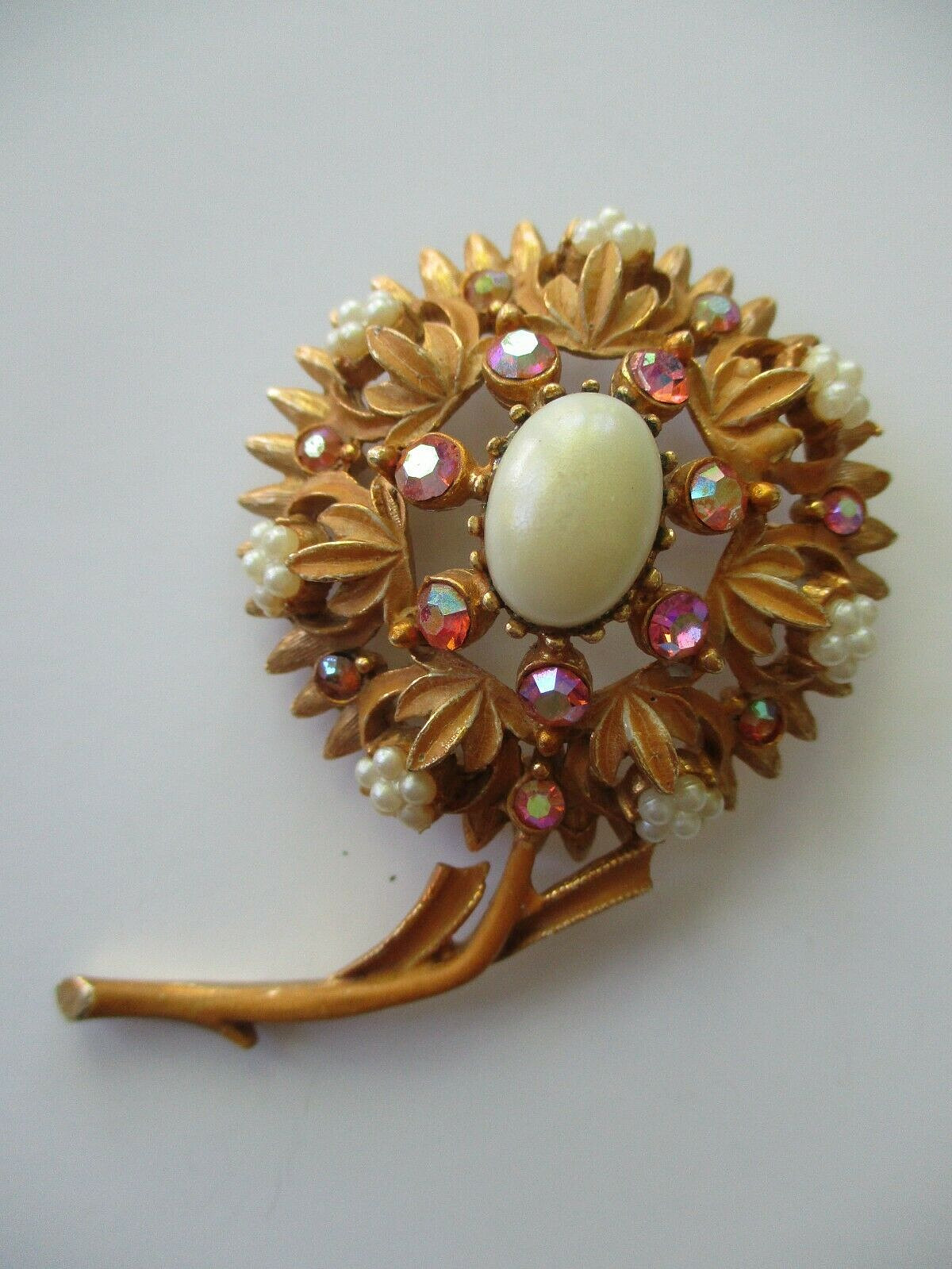 Florenza Vintage Signed Flower Stem Brooch Gem